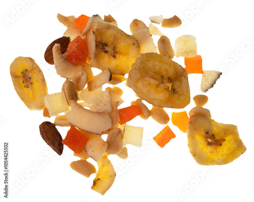 A collection of dried fruit on a transparent background, banana, coconut, almond
 photo