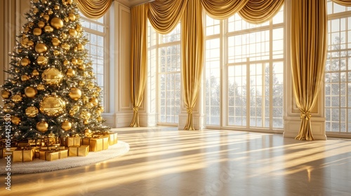 Luxury room with golden drapes, gold-tinted Christmas lights, a shining tree with golden ornaments, and large windows photo