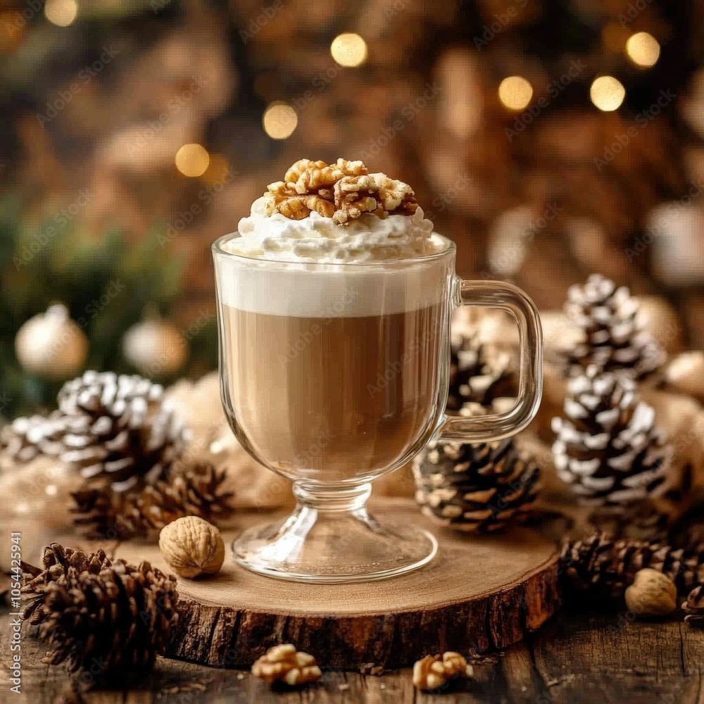 Delicious coffee with cream and walnuts in a cozy winter setting Delicious coffee with cream and walnuts in a cozy winter setting