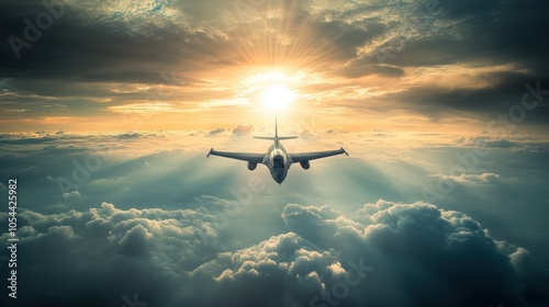 Airplane Flying Through Sunset Clouds