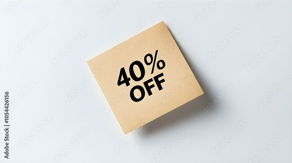 Black '40% OFF' Text on a Light Brown Square Paper Note. White Background with Copy Space Black '40% OFF' Text on a Light Brown Square Paper Note. White Background with Copy Space