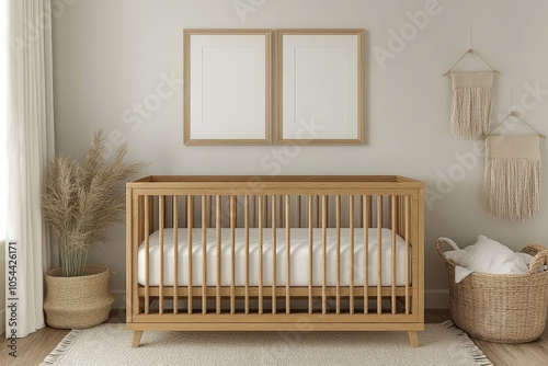 Minimalist nursery with a neutral toned crib and framed art creating a serene inviting space with simplicity soft textures and calm decor for a baby’s peaceful rest