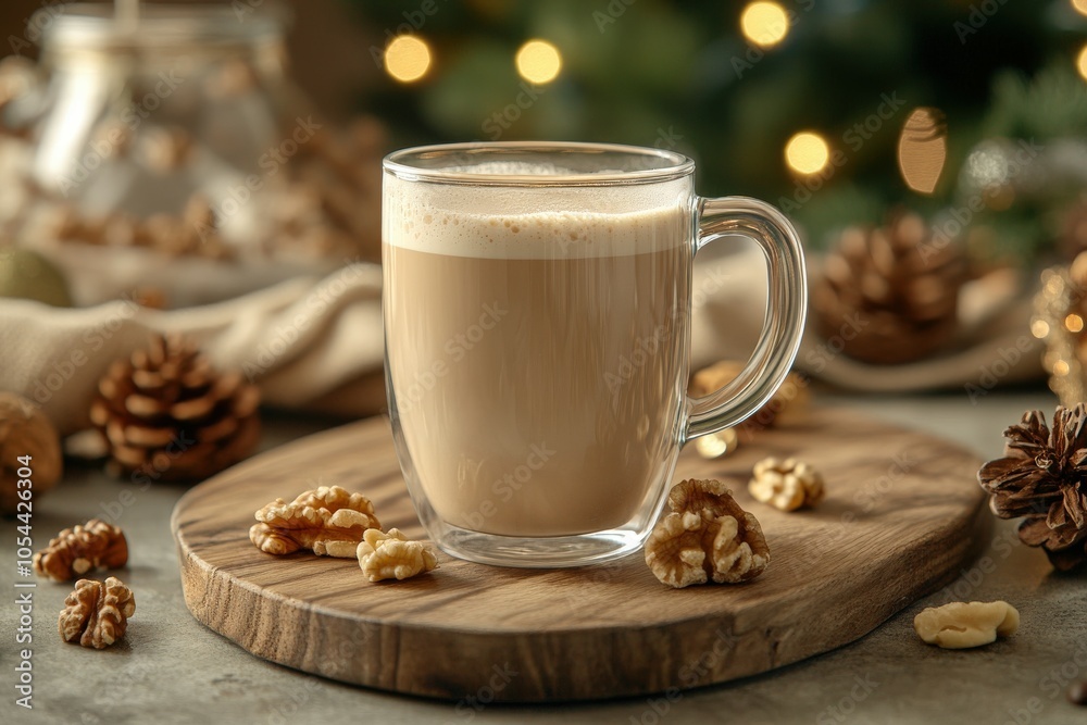 Cozy glass mug of coffee with cream on a rustic wooden table