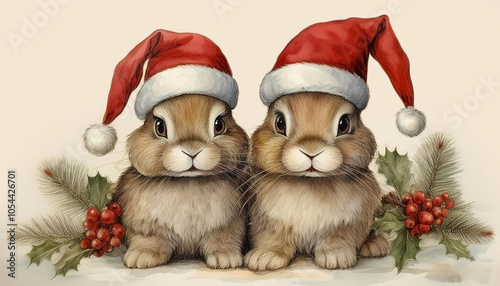 Christmas rabbits wearing Santa hat. Vintage holiday illustration.