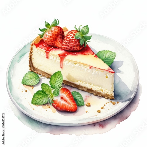 Watercolor illustration of a cheesecake slice with strawberries, mint leaves, and dripping strawberry sauce on a white background, ideal for food blogs, menus, and recipe books