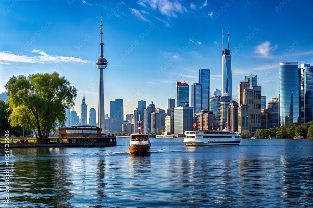Fototapeta premium Cityscape with Tower, Boats, and Blue Sky