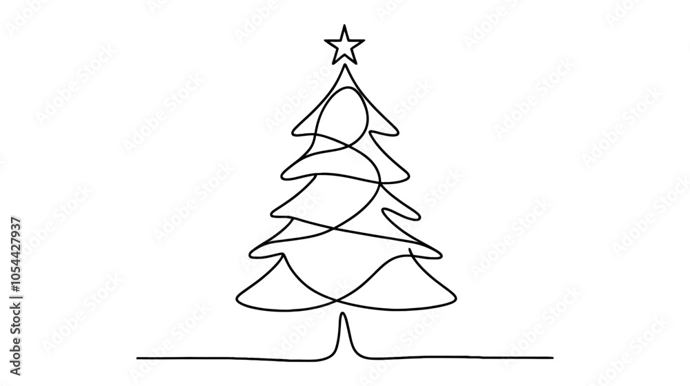 One continuous line illustration of a Christmas tree with a star on top, isolated on white background. One continuous line illustration of a Christmas tree with a star on top, isolated on white background.