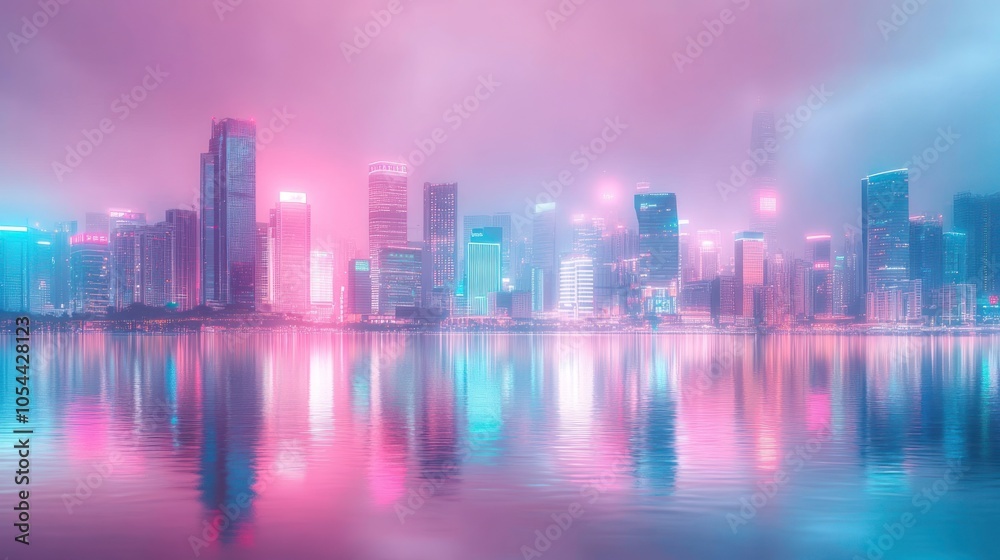 A city skyline at night with neon lights reflecting in the water. A city skyline at night with neon lights reflecting in the water.