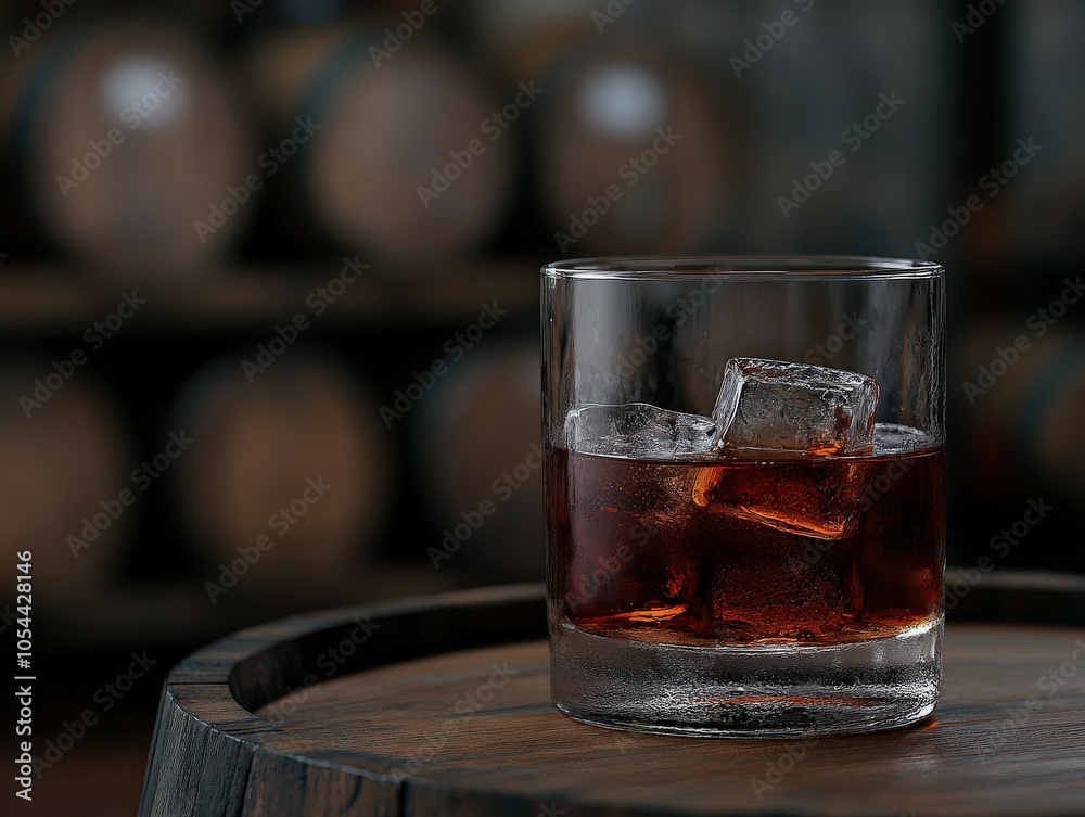 Glass of whiskey on the rocks placed on a wooden barrel surface Glass of whiskey on the rocks placed on a wooden barrel surface