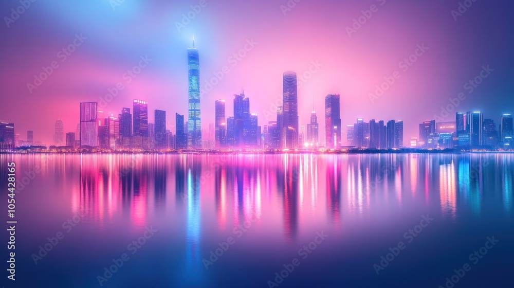 Fototapeta premium A vibrant cityscape skyline with colorful lights reflecting in the water at dusk.