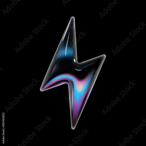 3d holographic glass lightning bolt icon with glossy, reflective surface. Neon gradient balloon shape as an electric sign or symbol for energy, power, charge, and flash in Y2K style