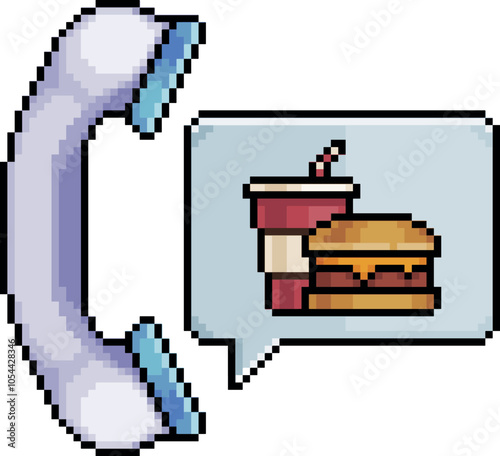 Pixel art of phone with burger and soda icon inside speech bubble, indicating a meal delivery service, phone icon in 8 bit style on white background