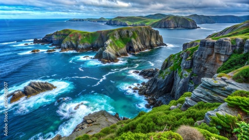 Coastal Cliffs and Ocean Waves Crashing