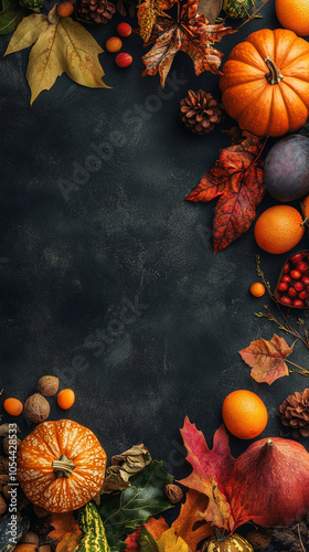 Happy Thanksgiving banner with pumpkins and autumn leaves vertical frame for instagram story, reel or tiktok background photo