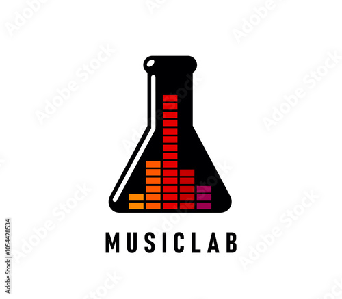 Music lab icon of sound equalizer in research laboratory glass flask, vector science and art. Music record studio symbol, podcast or media app button with color digital sound wave and laboratory flask