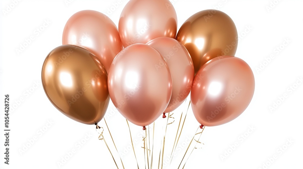 Gold and rose balloons in a bunch, perfect for birthdays and anniversaries. They float in the air, creating a festive atmosphere.