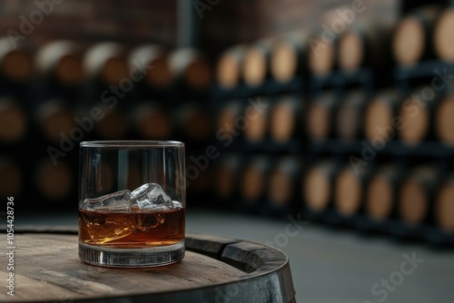 Glass of whiskey with ice on a barrel in a distillery during the day