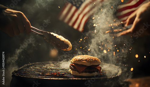 Juicy Grilled Burgers with American Flag on BBQ Flames , AI GENERAT photo