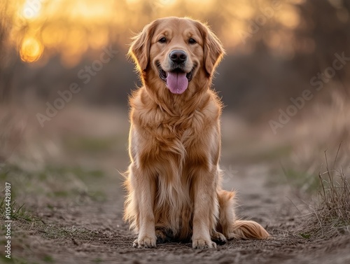 Golden retriever sitting happily on a dirt path at sunset in autumn