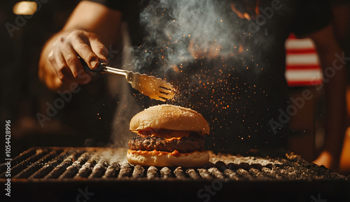 Juicy Grilled Burgers with American Flag on BBQ Flames , AI GENERAT photo