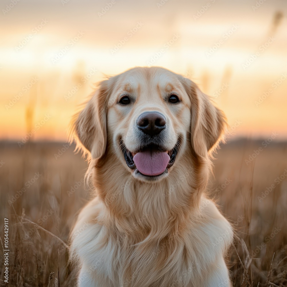 Golden retriever smiling in a field during sunset in autumn Golden retriever smiling in a field during sunset in autumn