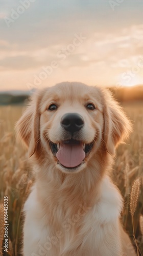 Golden retriever sitting in a sunny field during golden hour