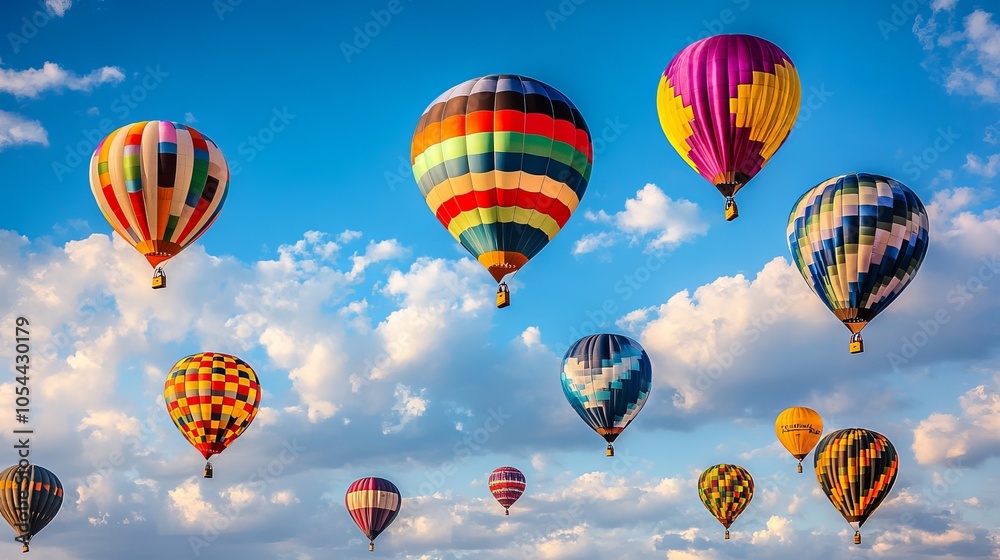 Helium balloons in a spectrum of colors soar in the cloudy blue sky. Helium balloons in a spectrum of colors soar in the cloudy blue sky.