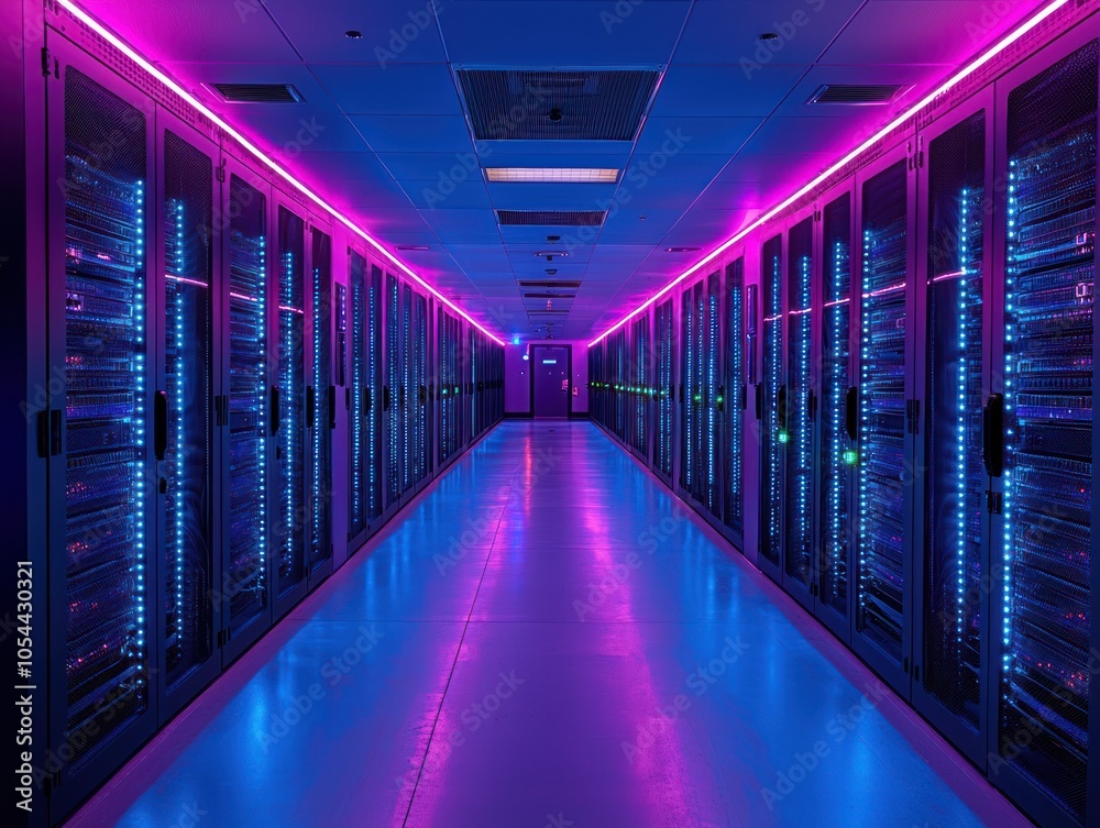 Server room with rows of racks illuminated by colorful LED lights Server room with rows of racks illuminated by colorful LED lights
