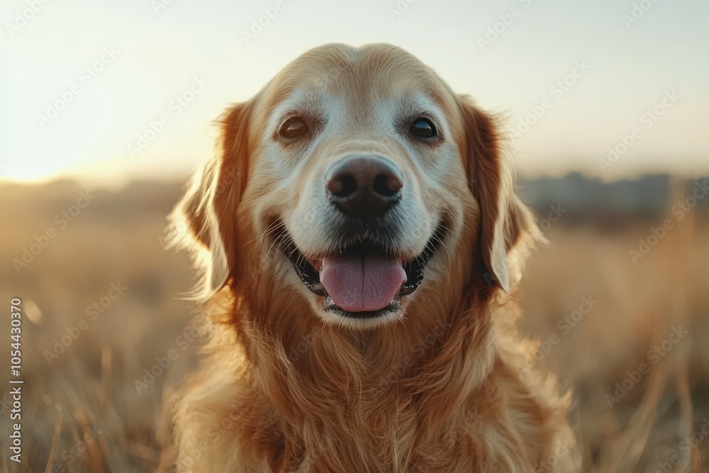 Golden retriever enjoying a sunset in a grassy field Golden retriever enjoying a sunset in a grassy field