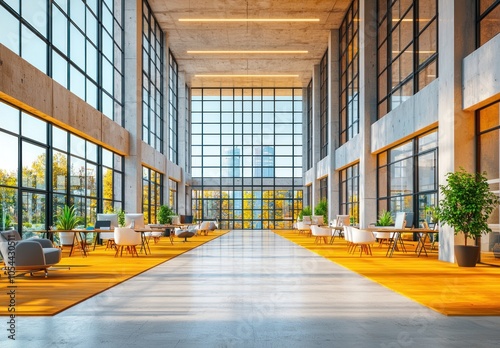 Modern office interior with large windows, concrete walls, and yellow carpet