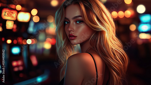 Glamorous woman with blonde hair in vibrant nightlife setting, symbolizing beauty, elegance, nightlife, fashion, evening glamour, luxury, party atmosphere, and alluring appeal.