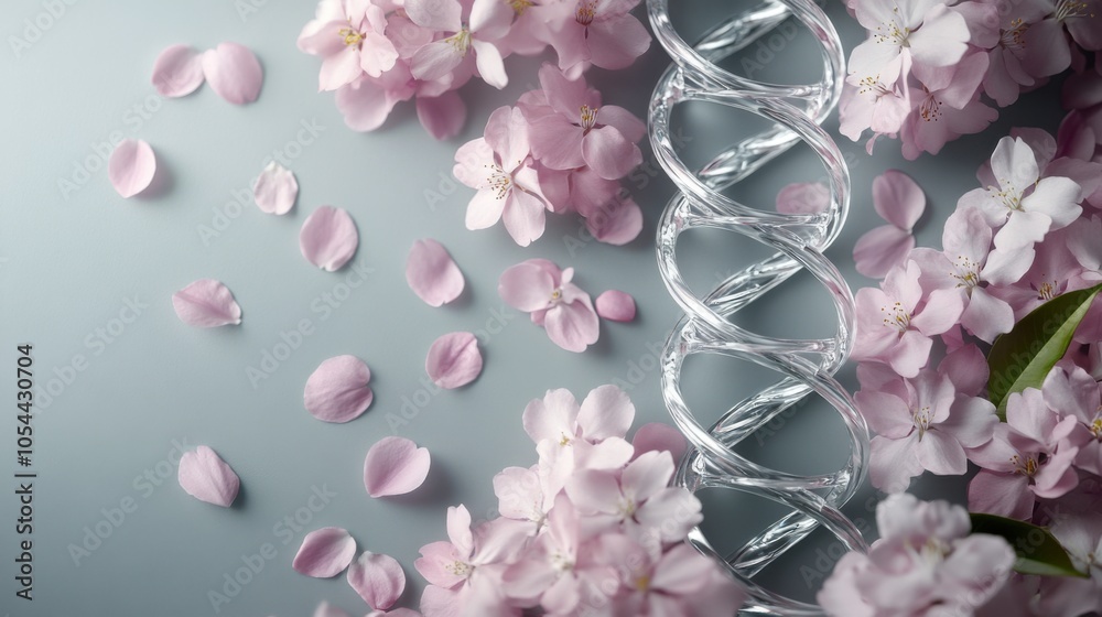 Obraz premium 自然と生物学をテーマにした、DNAらせんと桜を使った春の花と遺伝子科学のコンセプト