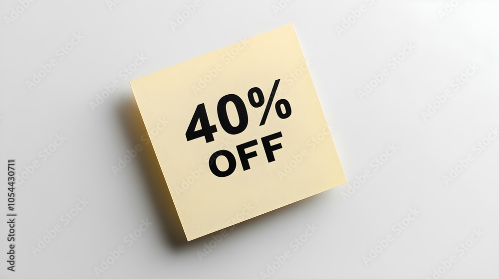 Black '40% OFF' Text on a Light Yellow Square Paper Note. White Background with Copy Space