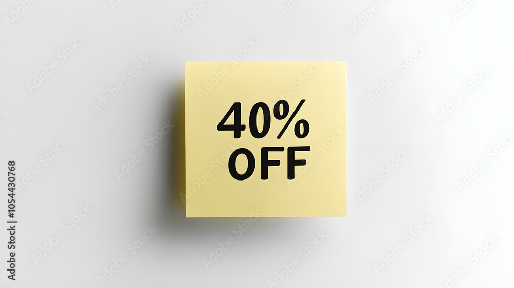 Black '40% OFF' Text on a Light Yellow Square Paper Note. White Background with Copy Space Black '40% OFF' Text on a Light Yellow Square Paper Note. White Background with Copy Space