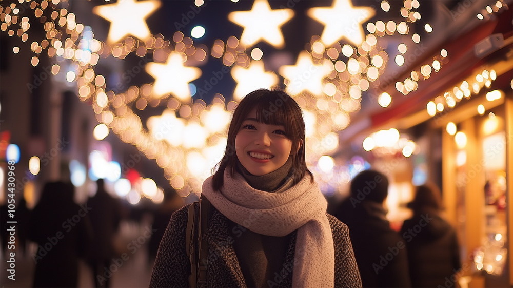雪の公園でクリスマスを楽しむ女性 雪の公園でクリスマスを楽しむ女性