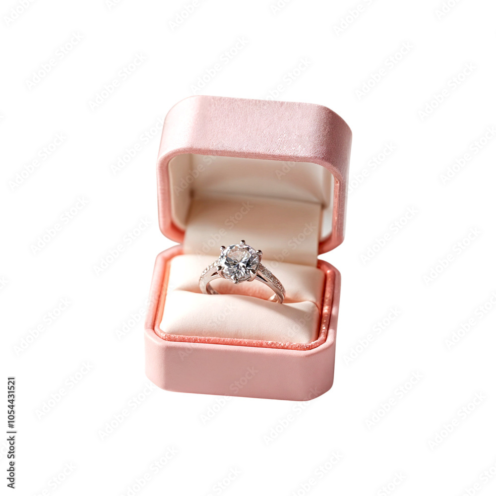 Diamond silver ring in pink gift box isolated on transparent background. Jewelry gift box with ring png Diamond silver ring in pink gift box isolated on transparent background. Jewelry gift box with ring png