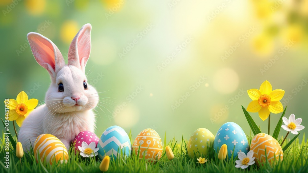 Fototapeta premium Easter background, include colorful decorated Easter eggs, spring flowers (tulips and daffodils), bunny. copy space in the middle, horizontal