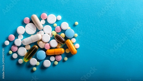 pharmaceutical drugs on the blue background concept of complex treatment