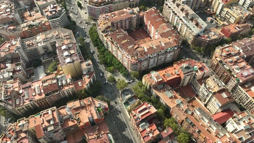 sunny day time famous barcelona city central area district traffic street aerial topdown panorama 4k spain