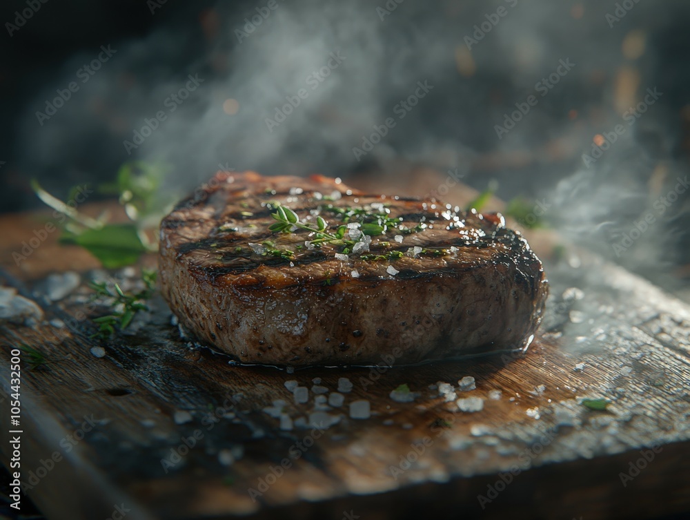 Perfectly grilled beef steak with herbs and salt on a wooden board Perfectly grilled beef steak with herbs and salt on a wooden board