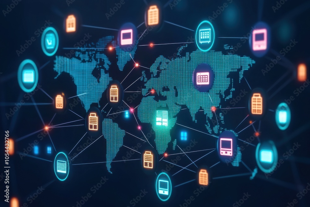 Digital globe with network icons representing global connectivity. Digital globe with network icons representing global connectivity.