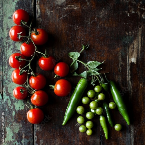 Red cherry tomatoes and green chili peppers are arranged on a dark wood surface. The photo is simple and stylish, taken in natural light. photo