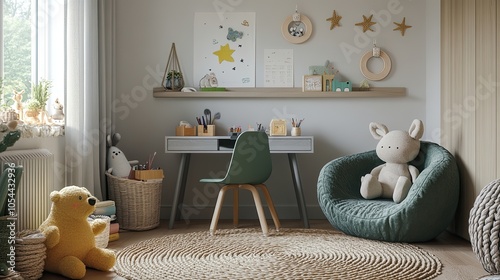 Kida??s room with round shelf, gray desk, green armchair, braided rug, plush toys, and personal accessories photo