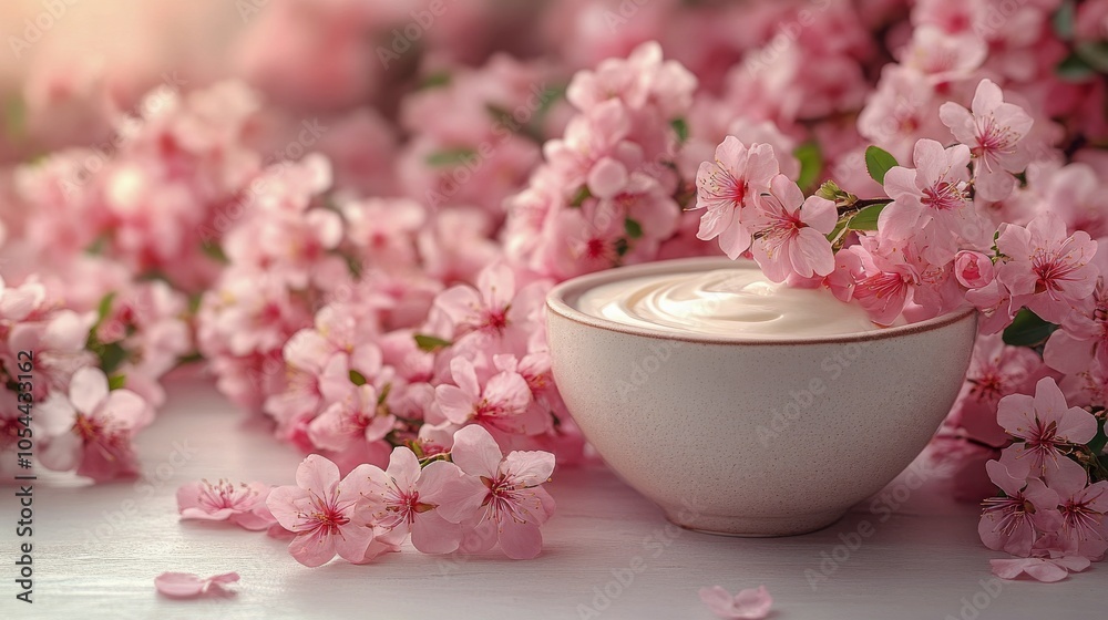 Delicate cherry blossoms surround a bowl of creamy yogurt on a blue table
