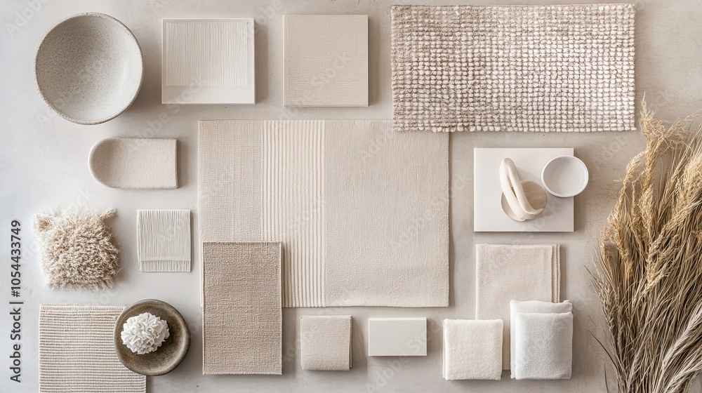 © Watanabe - Stylish flat lay composition in beige and gray color palette with textile and paint samples, panels, and tiles. Architect and interior designer mood board. Top view. Copy space