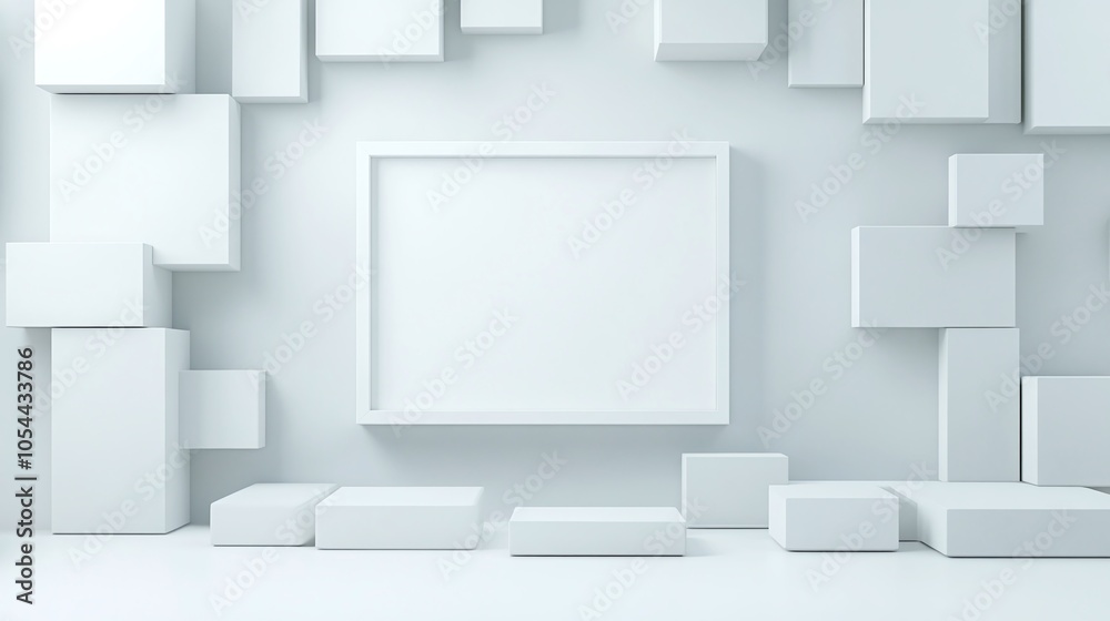 Empty White Frame with Floating Shelves: A white frame surrounded by minimalist floating shelves on a neutral wall, creating a balanced and functional decor piece. Empty White Frame with Floating Shelves: A white frame surrounded by minimalist floating shelves on a neutral wall, creating a balanced and functional decor piece.