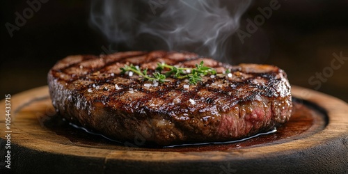 Perfectly grilled beef steak resting on a wooden board with herbs