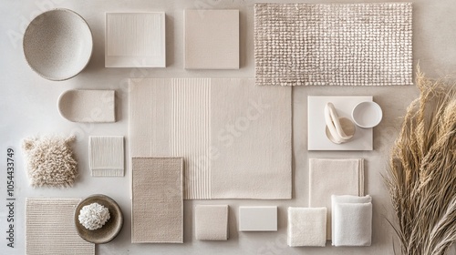 Stylish flat lay composition in beige and gray color palette with textile and paint samples, panels, and tiles. Architect and interior designer mood board. Top view. Copy space