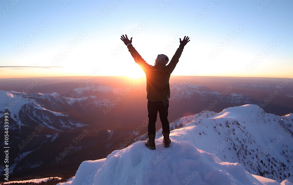 A man stands triumphantly on the mountain summit, arms raised in jubilation, embodying the exhilarating feeling of success and accomplishment A man stands triumphantly on the mountain summit, arms raised in jubilation, embodying the exhilarating feeling of success and accomplishment