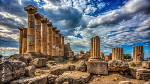 Ancient Greek Temple Ruins Under Cloudy Skies